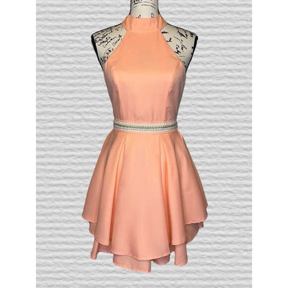 Lulus Peach Backless Skater Dress Womens SM High Neck Pearl Party Prom - Picture 2 of 11